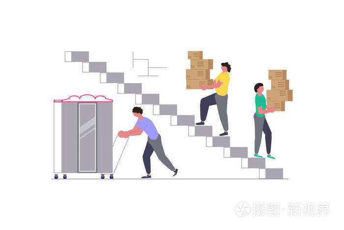 搬运工提着柜子和纸板箱