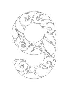 民族旗帜单色装饰数字9在佩斯利花园民族风格的旗帜标志. 逼真的花饰.