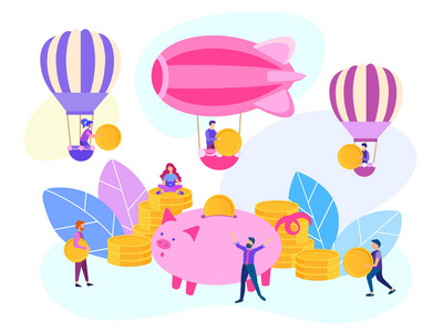 省钱的概念。 储蓄罐和角色可以在气球和挽歌上赚钱。 团队合作成本效益营销。