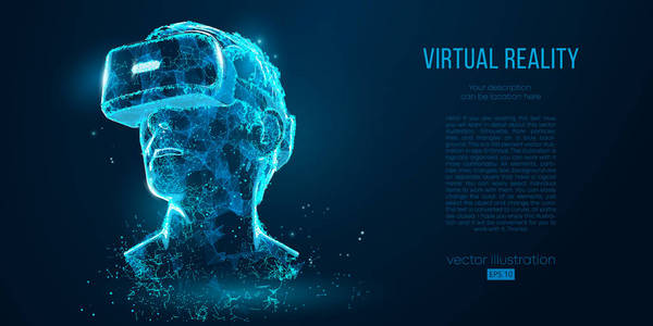 vr 耳机全息投影虚拟现实眼镜, 头盔.低多边形导线轮廓几何矢量插图.