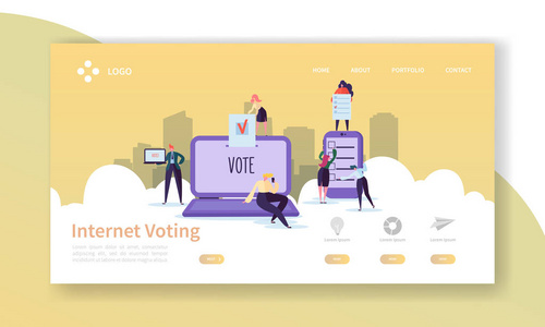 投票选举登陆页面模板。商务人士人物互联网投票概念的网站或网页。轻松编辑。向量例证