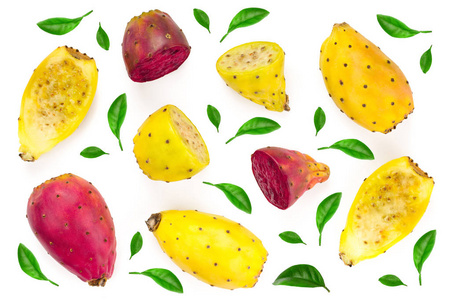 红色末端黄色带刺梨或在白色背景查出的 opuntia.顶部视图.扁平照片