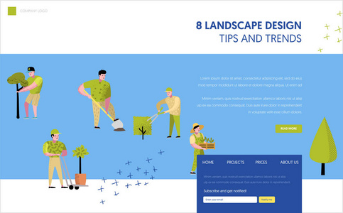 园艺种植登陆页面模板。 字符园丁种植植物概念的网页或网站。 易于编辑和定制。 矢量插图