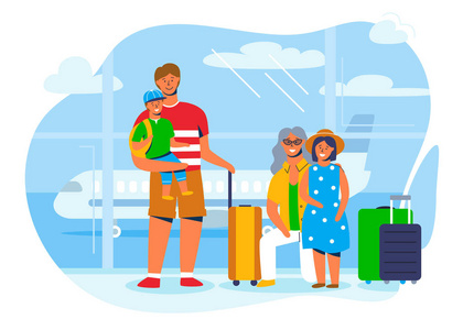 度假或旅行时的家庭角色。父亲母亲儿子和女儿拿着行李坐在机场候机楼等候登机。带着行李箱的游客。向量例证