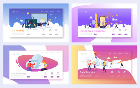 现代技术登陆页面模板集。业务人员角色移动应用开发云存储网站或网页的数据分析概念。向量例证