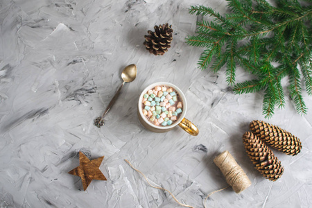 带有热巧克力和棉花糖的杯子圣诞礼品盒装饰自然装饰新年派对概念，老式松果，糖果，杉树枝