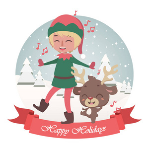 可爱的圣诞问候与歌唱快乐的精灵和驯鹿