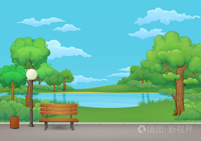 夏日春日公园的场景 有垃圾桶和路灯的木凳在沥青公园小径上 有茂盛的绿树和灌木丛 绿色的草甸湖和蓝天 背景 上有云 插画 正版商用图片14sx2m 摄图新视界 夏日春日公园的场景 有垃圾桶和路灯的木凳在沥青公园小径上 有茂盛的绿树和灌木丛 绿色的草甸湖和蓝天 背景 上有云 插画 正版商用图片14sx2m 摄图新视界