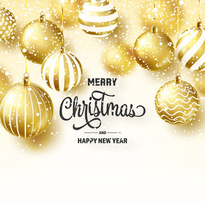 圣诞节背景与树球和雪。金球奖。新的一年。寒假。季节销售装饰。黄金圣诞礼物