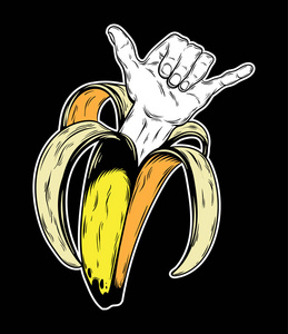 矢量手绘香蕉与沙卡手隔离的插图. 创意纹身艺术品.