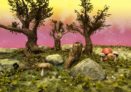 一个童话般的草地的五彩缤纷的景象，有树木河流和蘑菇。