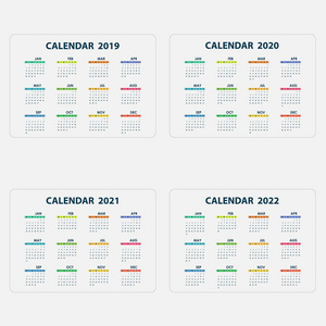 日历2019，2020，和2022日历模板。日历设计。每年日历矢量设计文具模板。矢量插图。