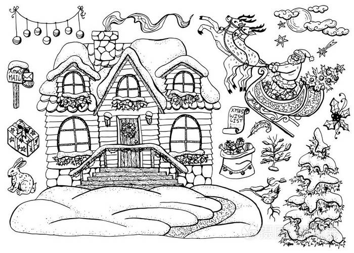 插画 矢量设计与圣诞节和新年小屋圣诞老人与雪橇针叶树和假日装饰.