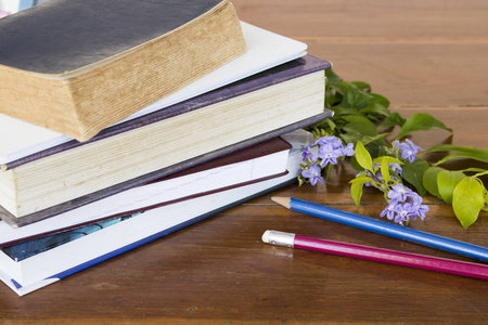 书字典笔记本文具，用于背景木制紫花学生学习