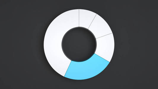 白色环形饼图，黑色背景上有一个蓝色扇区。 信息模型。 三维渲染图
