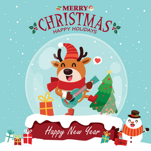 老式圣诞海报设计与矢量圣诞老人精灵雪人驯鹿人物。