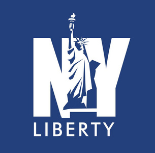 美国城市矢量卡通标志纽约自由女神像背景下英文字母缩写纽约孤立白色蓝色背景