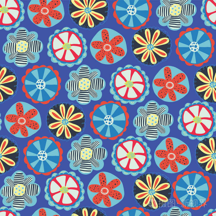 复古花卉无缝矢量背景上世纪60年代70年代的花卉设计蓝色背景上的红色