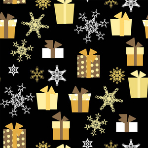 圣诞矢量无缝图案与礼物和雪花和星星在平面设计插图
