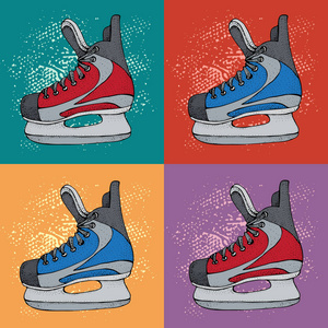 寒假图案配冰冰鞋卡通小品..红色和蓝色冰球溜冰鞋。彩色背景带运动器材的矢量插图