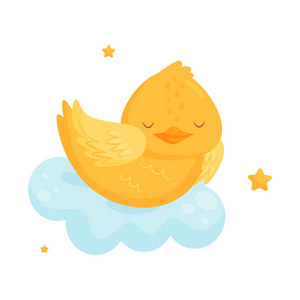 困鸟可爱的小鸡睡在云上, 可爱的鸟卡通人物, 良好的夜晚设计元素