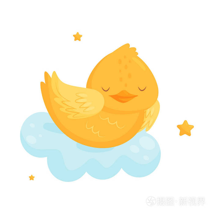 可爱的小鸡睡在云上, 可爱的鸟卡通人物, 良好的夜晚设计元素, 甜蜜的