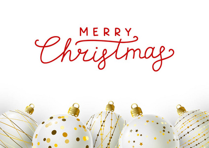 白色圣诞球，上面有金色装饰和圣诞快乐铭文