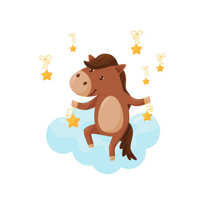 小小卡通马可爱的小小马睡在云端, 可爱的动物卡通人物, 良好的夜间