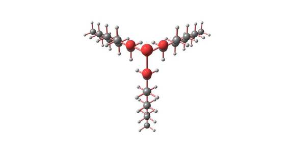 白色上分离的磷酸三辛酯分子。 三维插图