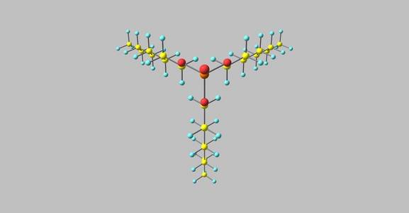 白色上分离的磷酸三辛酯分子。 三维插图