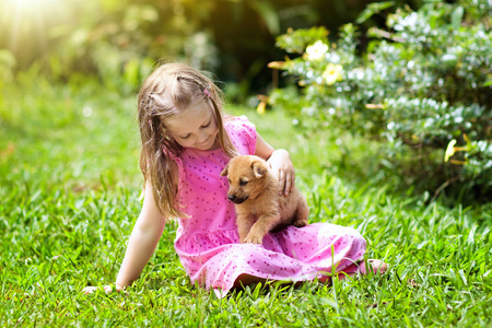 小女孩抱着小狗. 带宠物狗的孩子. 公园草坪上的家人和宠物. 照片