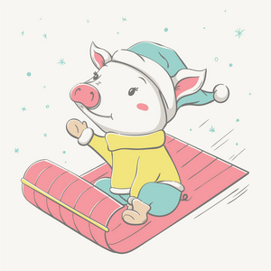 可爱，可爱，快乐，穿着的小猪骑在雪橇上。 卡通动物的卡片。 简单矢量插图