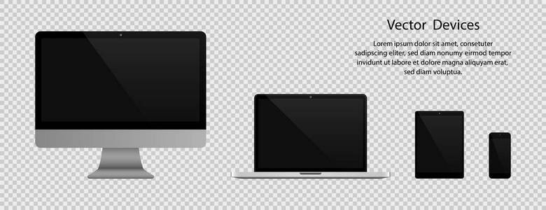 电子小玩意。 现实的计算机监控笔记本电脑平板电脑和手机与黑色屏幕上的透明背景。 eps10