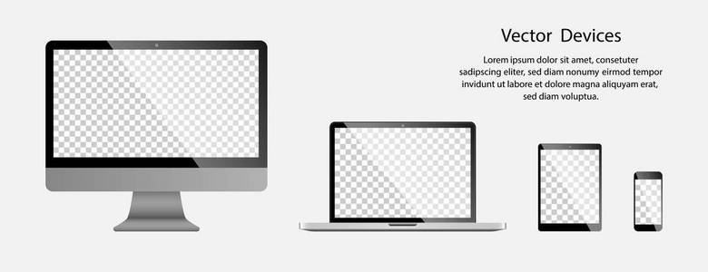 电子小玩意。 现实的计算机监控笔记本电脑平板电脑和手机与透明屏幕上的灰色背景。 eps10