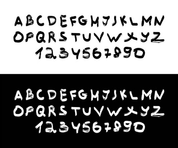 白色和黑色背景上的孤立字体。 字母表。 手写笔刷风格。 设计的排版。 eps10