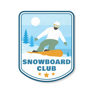 滑雪板俱乐部补丁。向量。衬衫印花邮票补丁或 t恤的概念。复古排版设计与滑雪板和山剪影。极限运动