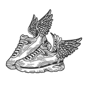 带翅膀的飞行运动鞋雕刻向量插图划痕板式模仿黑白手绘图像照片