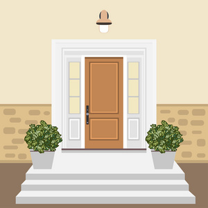 房子门前有窗户，台阶在平面风格建筑入口立面与植物设计插图矢量