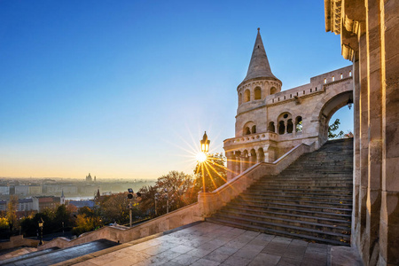 s Bastion Halaszbastya at sunrise and clear blue sky