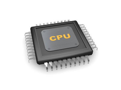 黑色闪亮的处理器与金属划痕板和黄金文本CPU在白色背景。 3D渲染