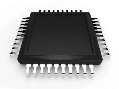 黑色闪亮的CPU与许多腿接触在白色背景。 3D渲染