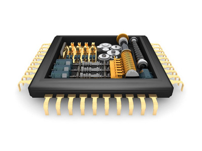 CPU的内部结构齿轮弹簧减速器机构和电机的强度和可靠性思想。 白色背景上的图像。 3D渲染