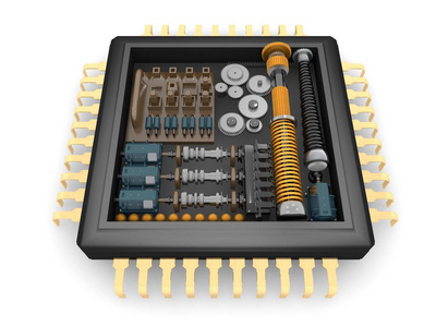 CPU的内部结构齿轮弹簧和电机的减速器机构图像在白色背景下的功率和通用性的思想。 3D渲染