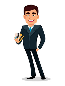 商人卡通人物穿正式西装. 英俊的商人持有信用卡. 银行家经理.