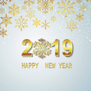 快乐的新的一年2019年矢量贺卡和海报设计与金色雪花。标志横幅设计假日卡片在白色背景, 雪花样式