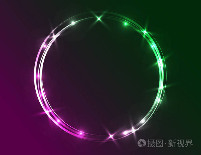 绿色和紫色背景的霓虹灯闪光圆形框架