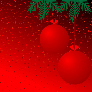 红色背景与纸屑球和树枝圣诞树。 圣诞快乐，新年快乐。