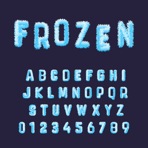 冻结字体字母模板。 一组蓝色白色海霜数字和字母。 矢量图。