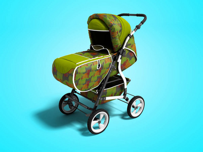 婴儿车绿色所有季节新生儿男孩3D渲染蓝色背景与阴影