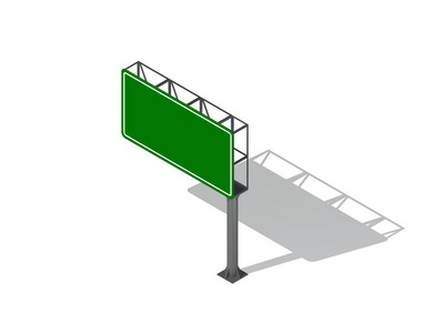空白绿色公路标志。 孤立在白色背景上。 三维渲染插图。 等距投影。